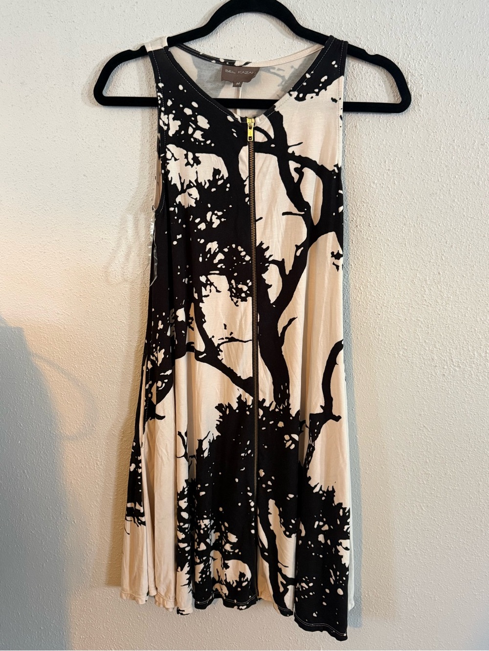 Black & Cream Zip-Front Tree-Print Mini Dress